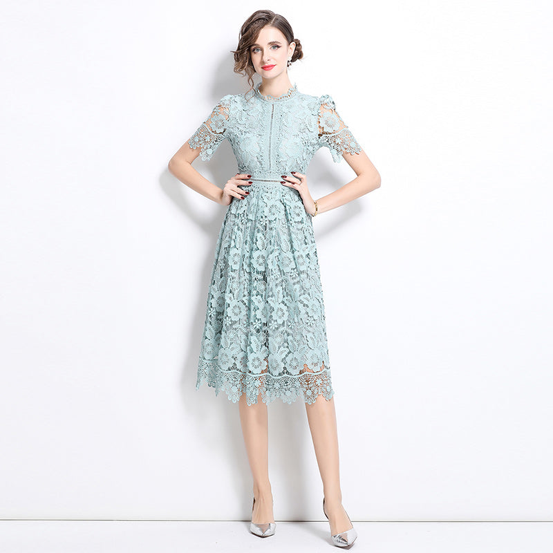 Original design short sleeved slimming hollow out water-soluble lace positioning mid length dress