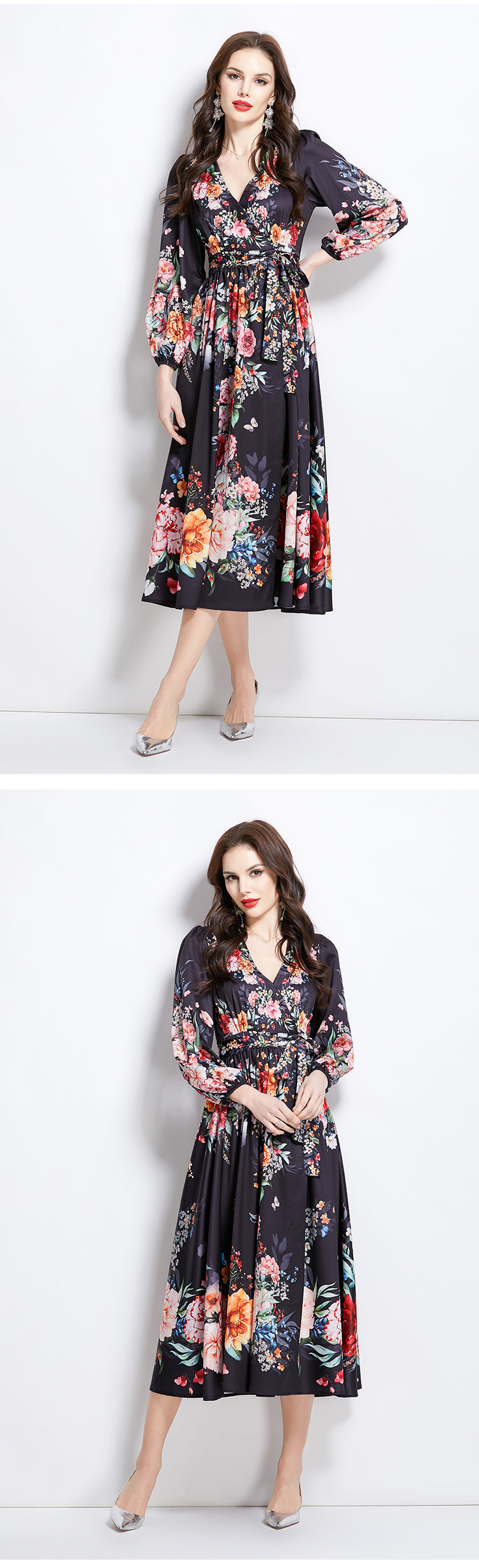 Original Design Spring/Summer Oil Painting Flower Pattern Wrapped Mid length Dress