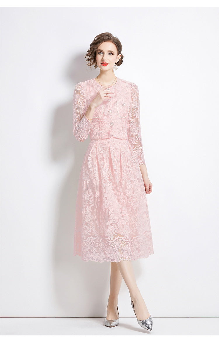 Original design for spring and summer long sleeved small fragrance style set light luxury temperament water-soluble lace skirt two-piece set