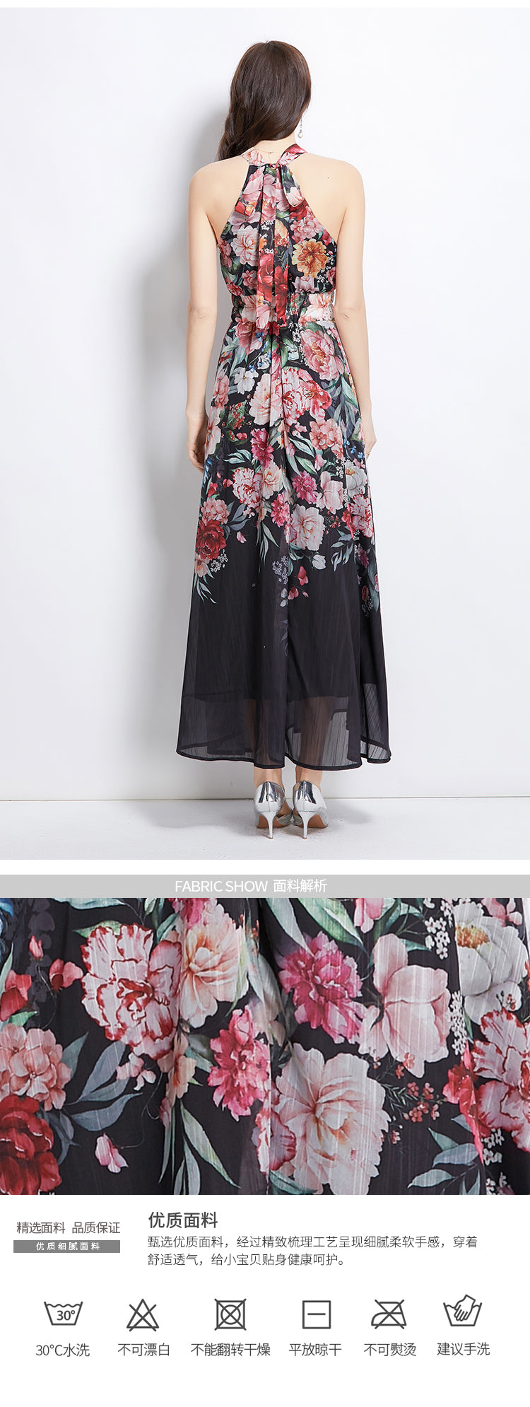 Original Design Spring/Summer Vacation New Oil Painting Flower Printed Hanging Neck Long Dress