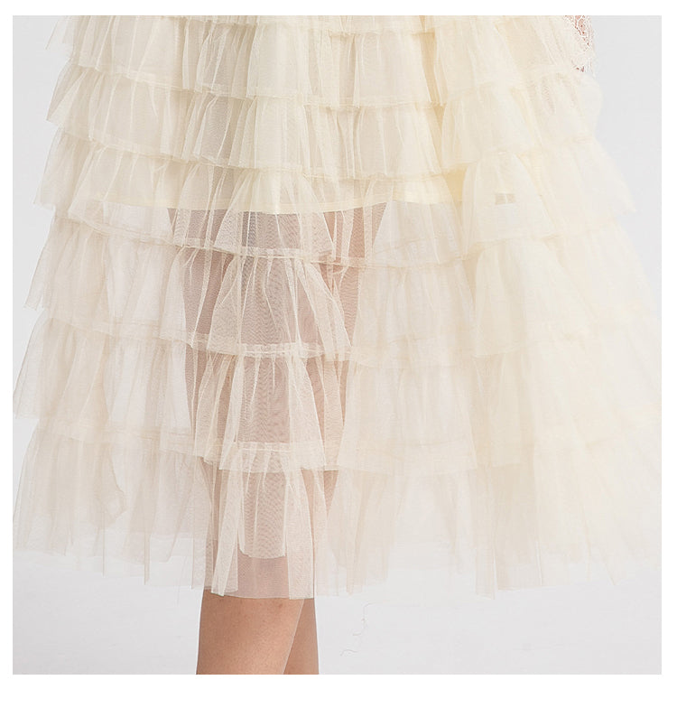 Women's clothing heavy art, coarse tweed splicing mesh cake skirt
