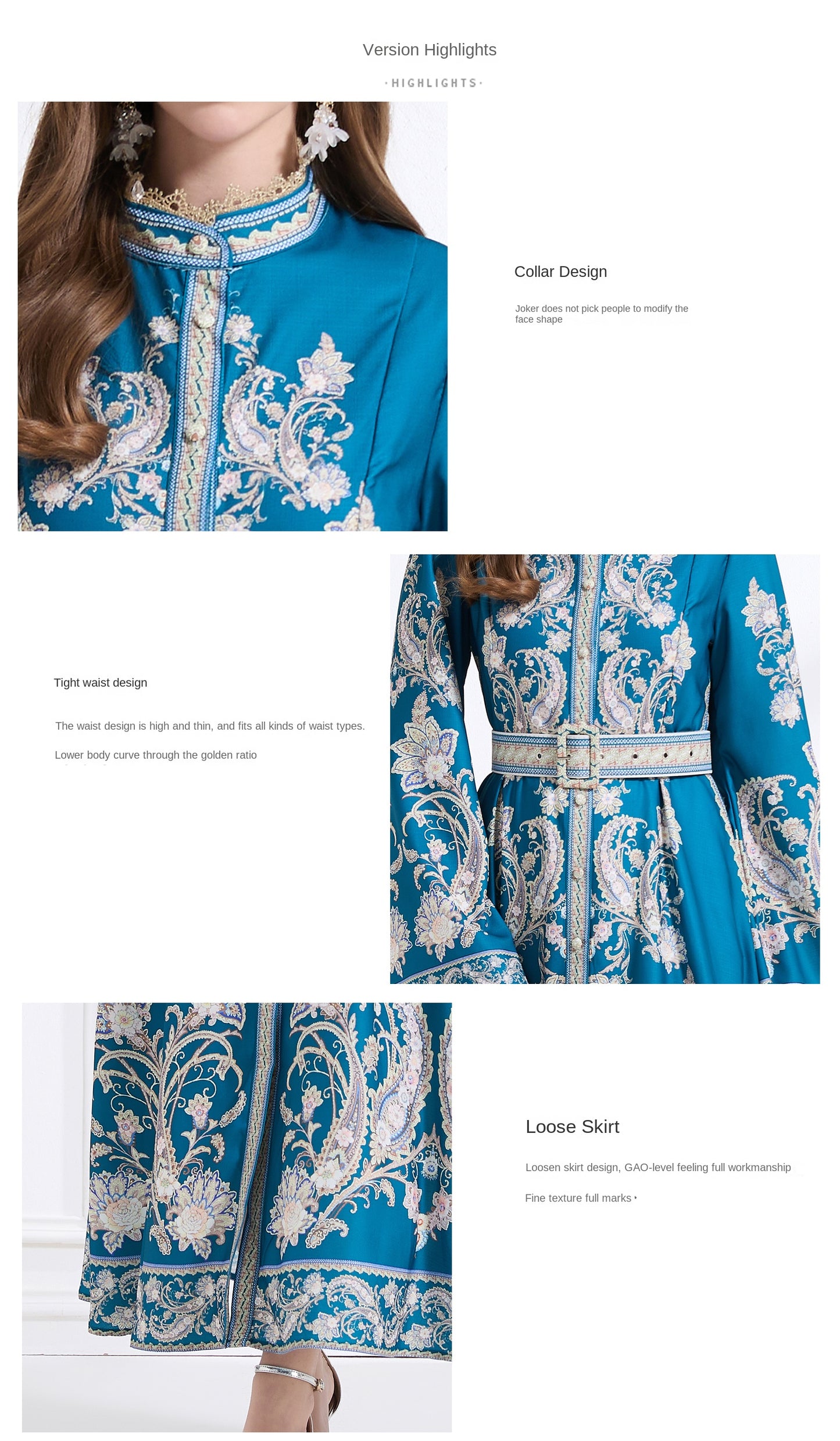 Original design - court-style vintage stand-up collar lace print tunic with large hem waist