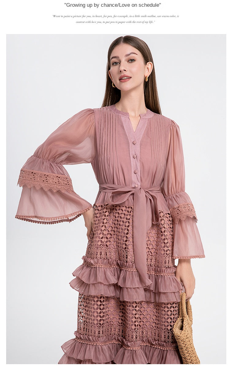 French retro court-style cut-out lace patchwork with fungus trim and flared sleeves at the waist