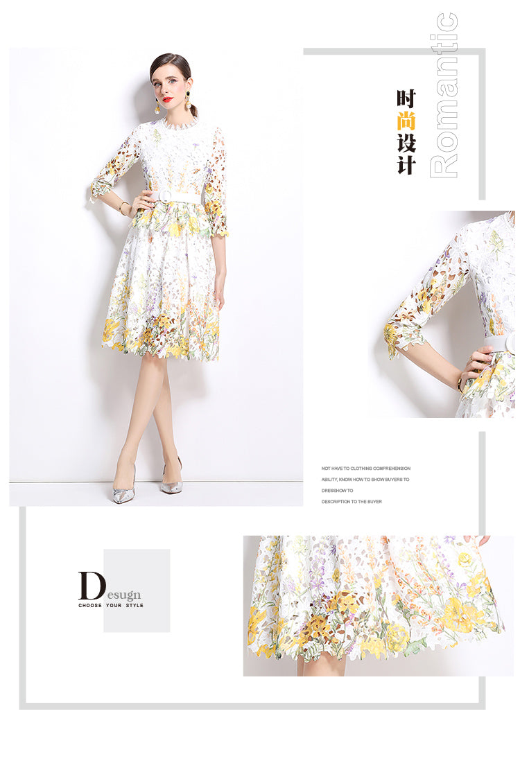 Original design mid long sleeved fashionable slimming hollow out water-soluble lace positioning mid length dress