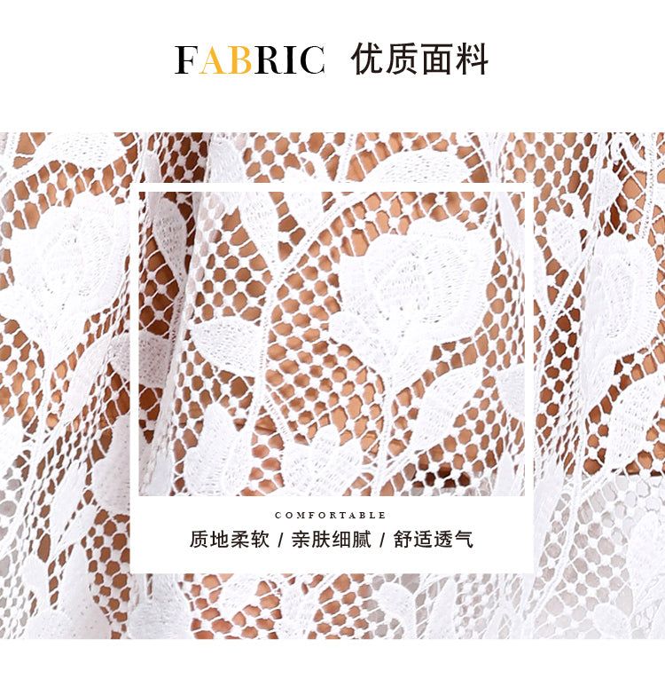 Original design mid long sleeved high-end fashion, slimming and hollowed out water-soluble lace mid length dress