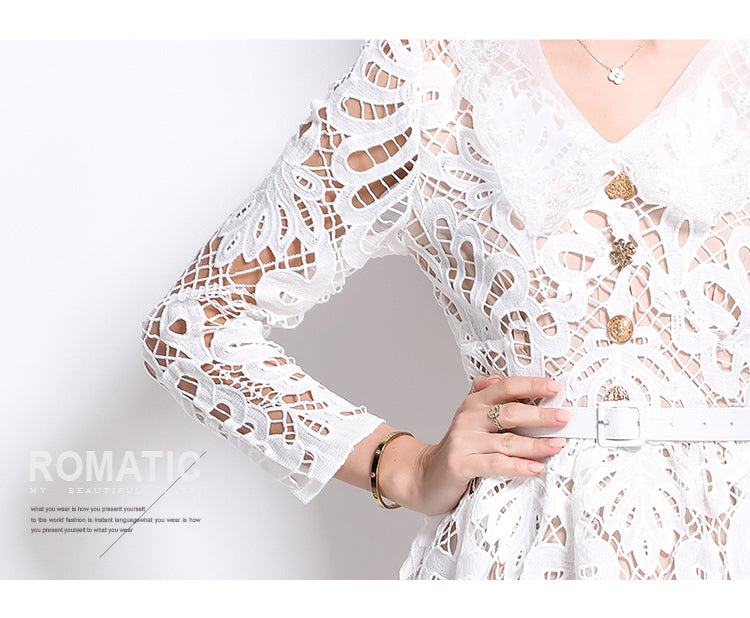 Original Design: Spring and Summer High End Water soluble Embroidered Medium length Skirt with V-neck and Waist cinching to Look Thin Dress