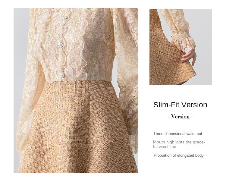 Original design - spring and summer real shot art boutique lace stitching tweed temperament fake 2 pieces of small fragrance beaded dress