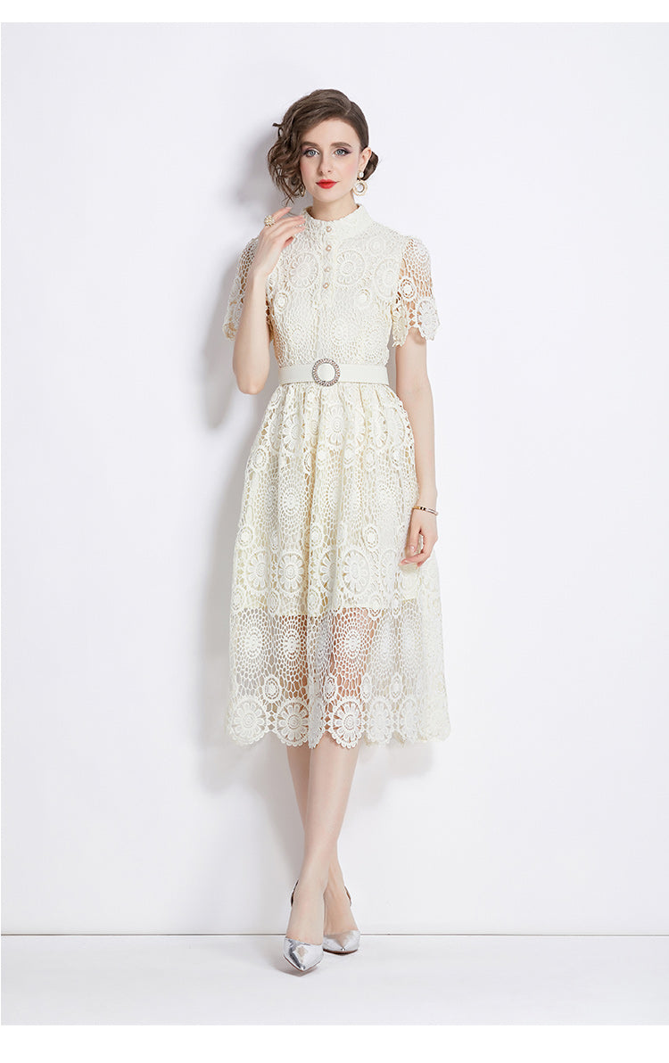 Original design niche dress new style temperament, waist cinching and slimming, hollow out water-soluble lace long skirt