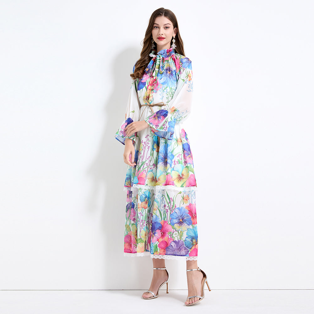 Original design - spring and summer fake lace cake skirt floral print waist ruffle skirt
