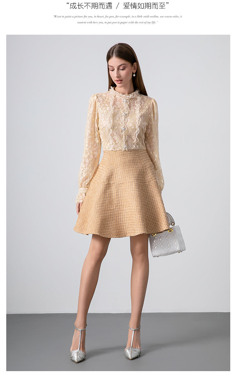 Original Design Heavy Industry Boutique Lace Splicing Coarse tweed Temperament Fake Two Small Fragrant Nail Bead Dresses