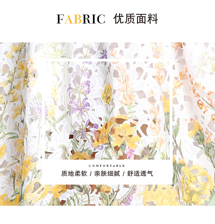 Original design mid long sleeved fashionable slimming hollow out water-soluble lace positioning mid length dress