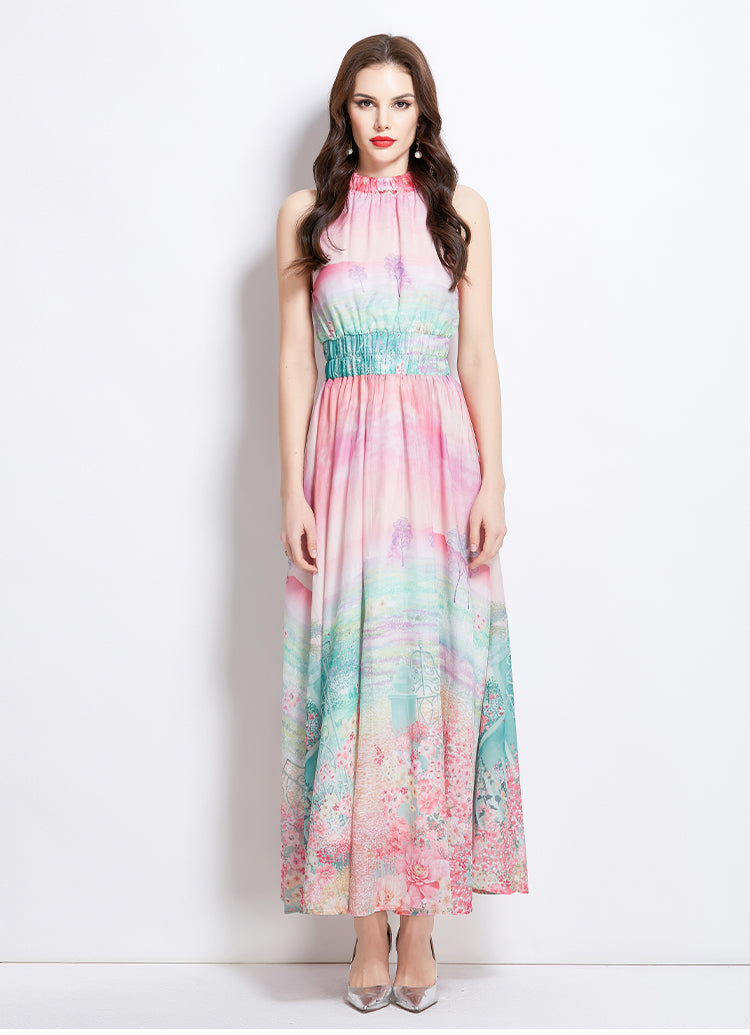 Original design: spring, summer, autumn vacation, new oil painting, flower print, halterneck maxi dress