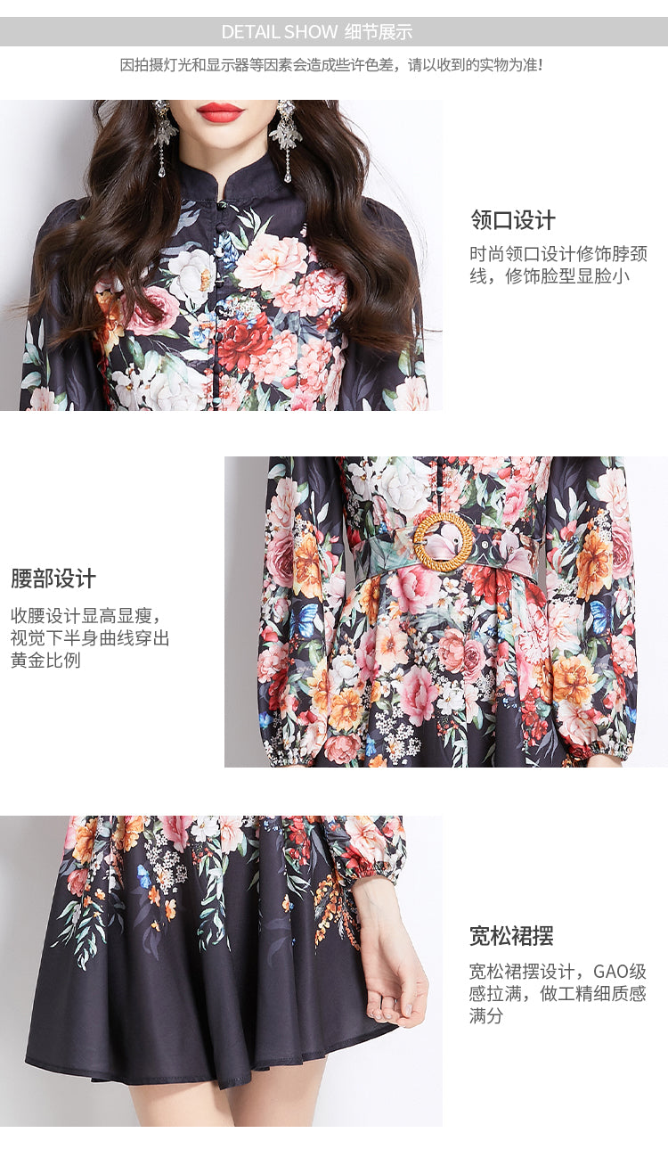 Original Design Spring/Summer Vacation Flower Oil Painting Style Stand up Collar Short Dress