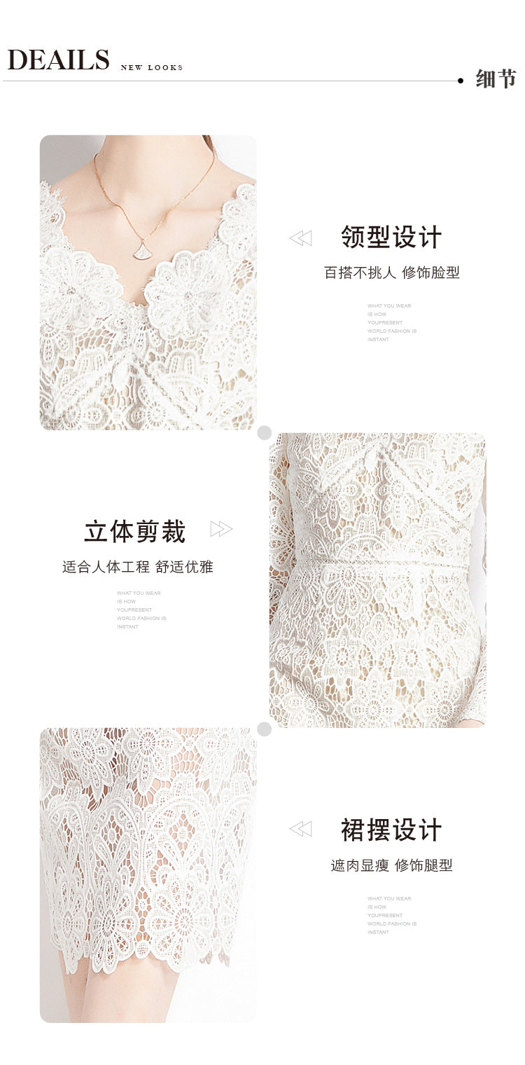 Original design for spring and summer water-soluble lace V-neck slim fit mid length dress for women