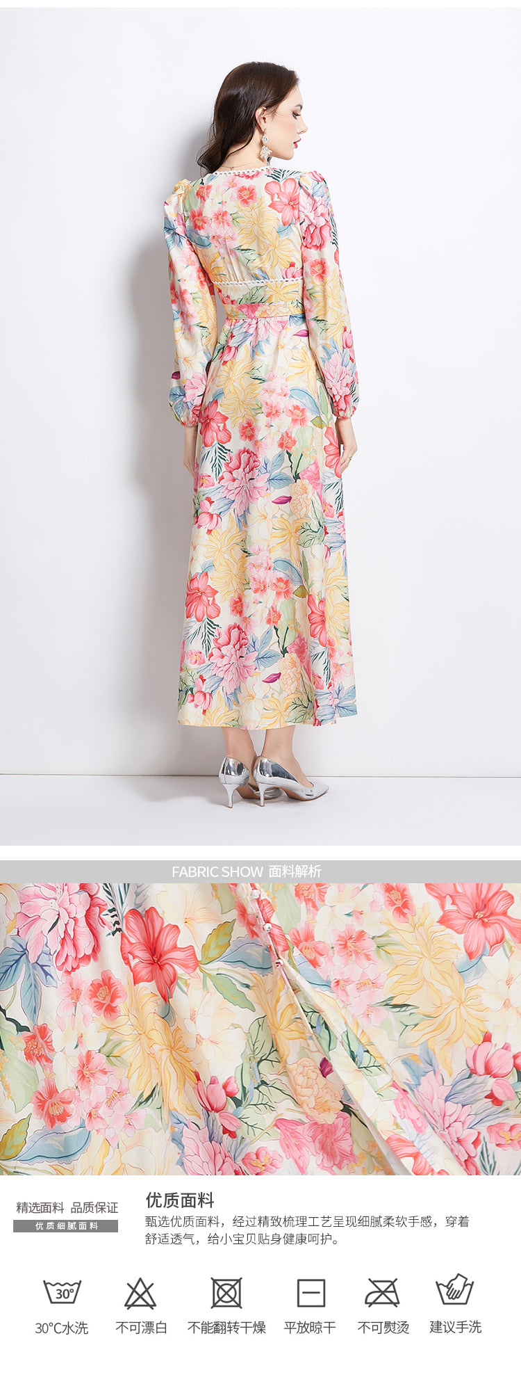Original Design Spring/Summer Watercolor Flower Long Sleeve Retro Long Dress