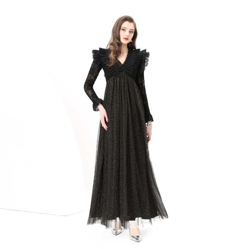 Original design: Spring, Summer, Autumn, resort style, embroidered lace, V-neck, long sleeves, lace and mesh maxi dress