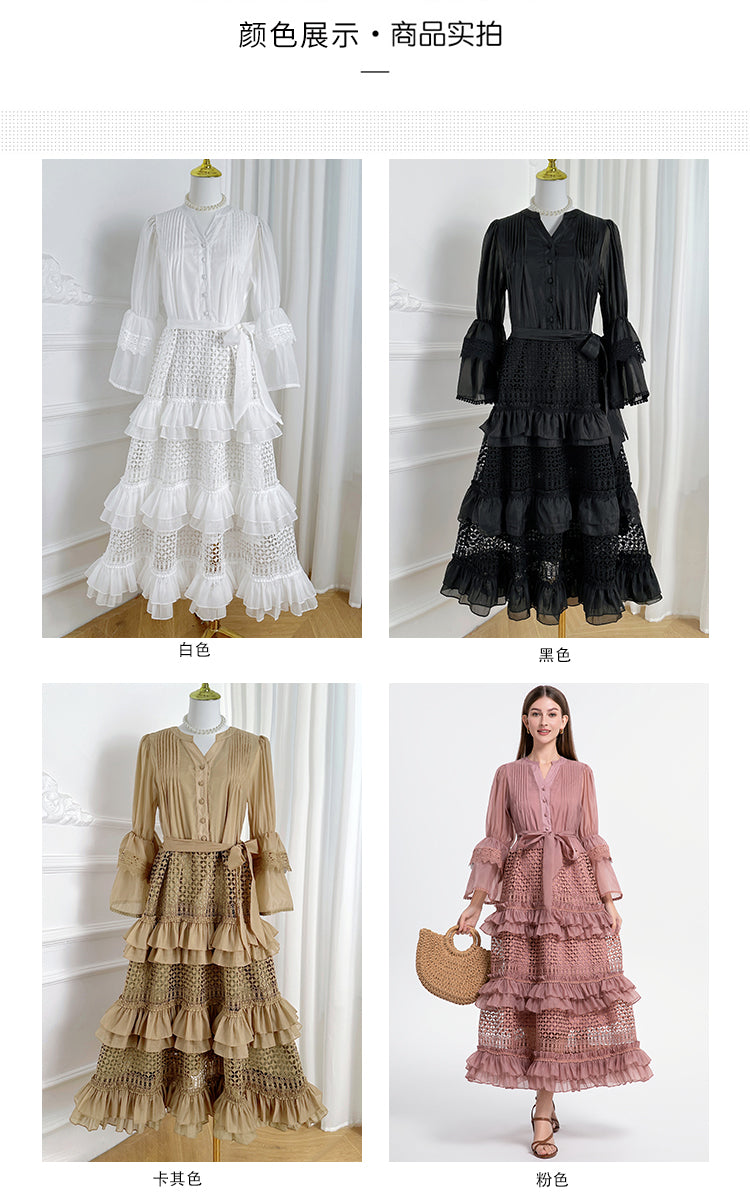 Original design French retro court style hollowed out lace patchwork wood ear trumpet sleeves cinched waist jumpsuit