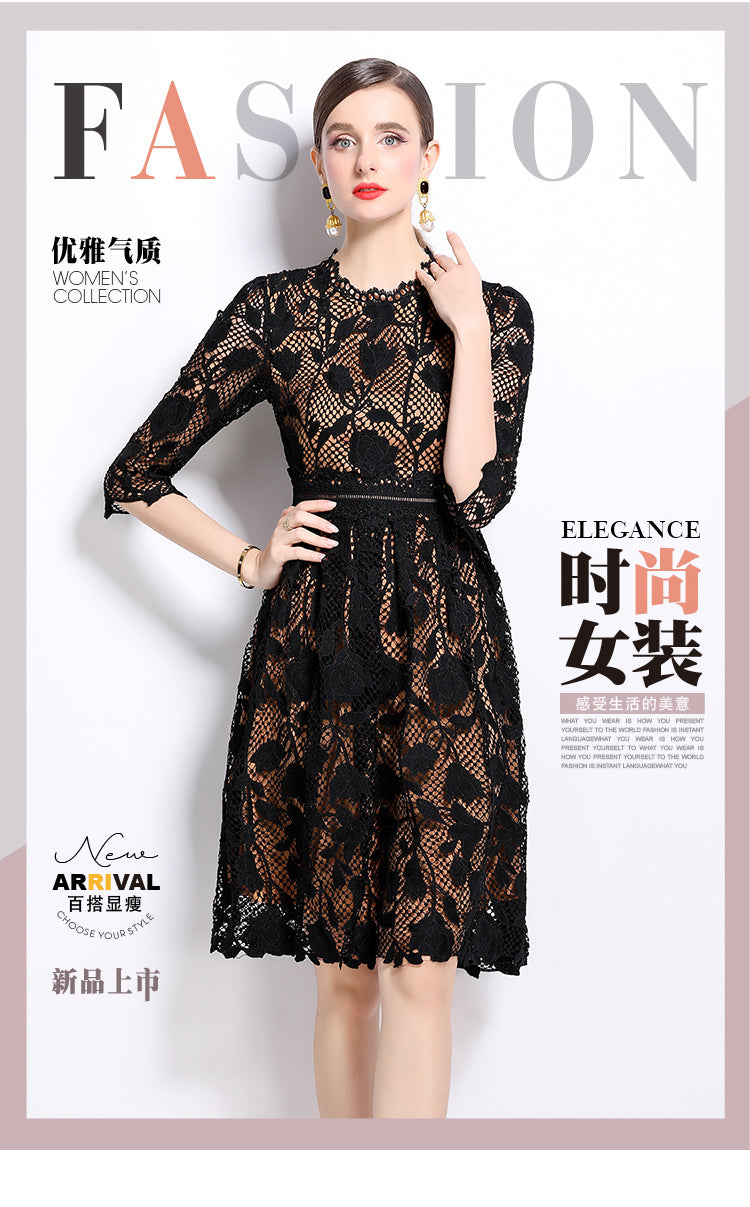 Original design mid long sleeved fashionable slimming hollow out water-soluble lace positioning mid length dress