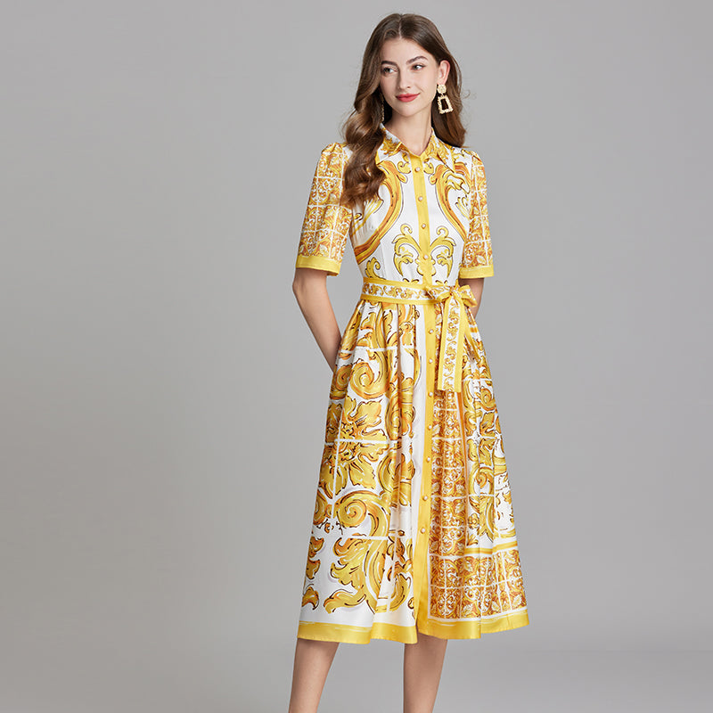Original Design Spring/Summer Positioning Printed Collar Strap Waist Shirt Dress Large Swing A-line Skirt