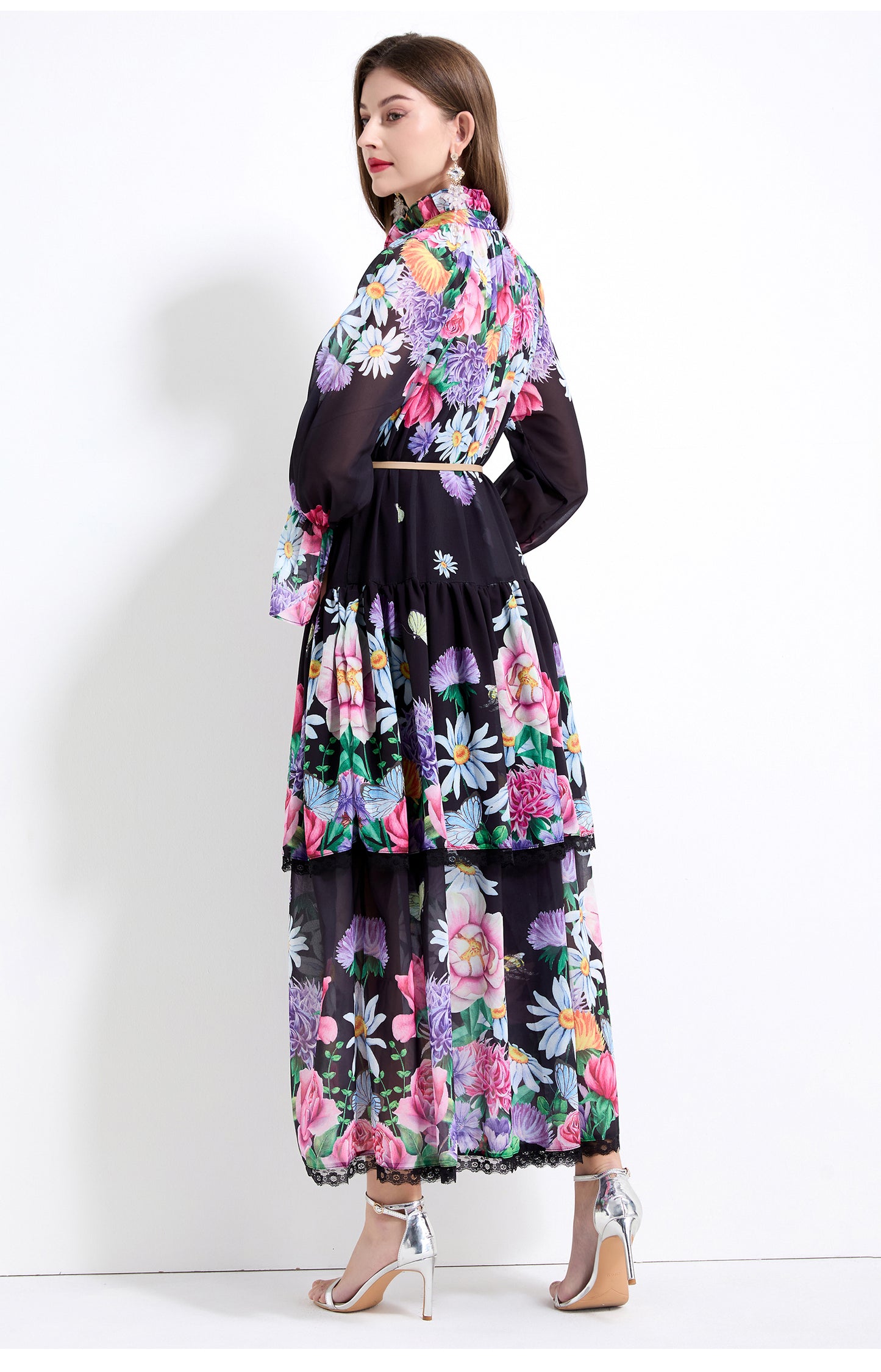 Original design - spring and summer fake lace cake skirt floral print waist ruffle skirt