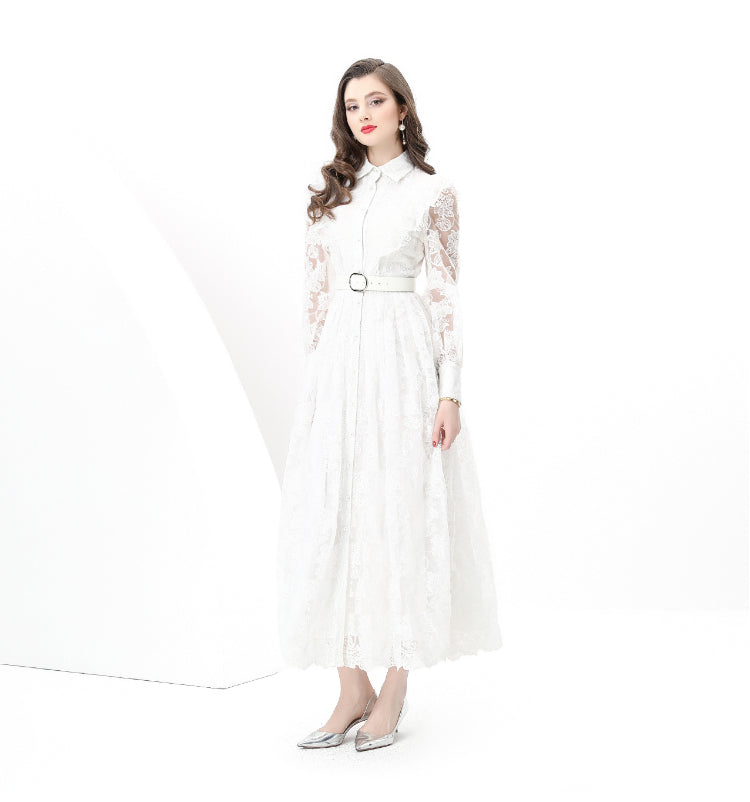 Original design: Spring, Summer, Autumn, Vacation lapel style, embroidered lace, balloon sleeves, lace, long vintage dress
