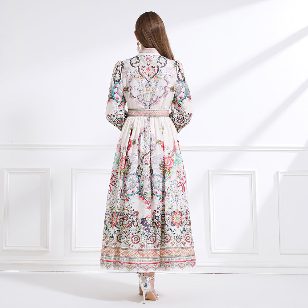 Original design - Spring, Summer, Autumn court style stand collar vintage print balloon sleeve ruffled maxi dress