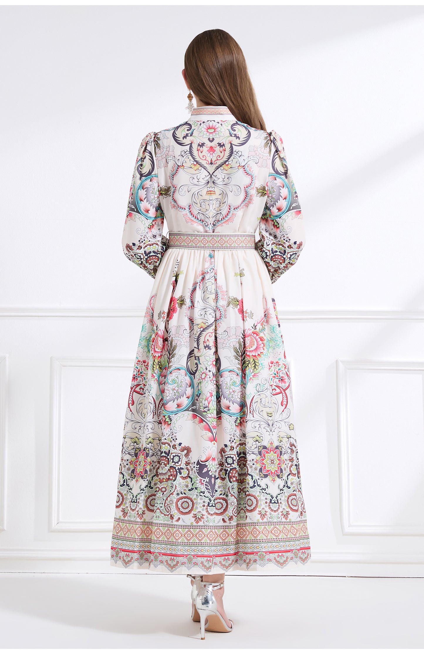 Original design - Spring, Summer, Autumn court style stand collar vintage print balloon sleeve ruffled maxi dress