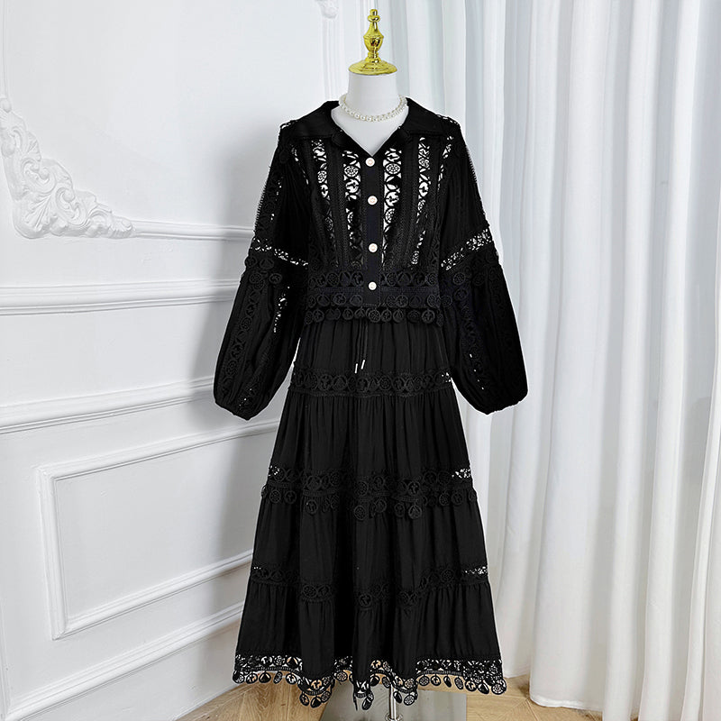Meizhonggong boutique cut-out lapel lace stitched pendant lace maxi skirt set