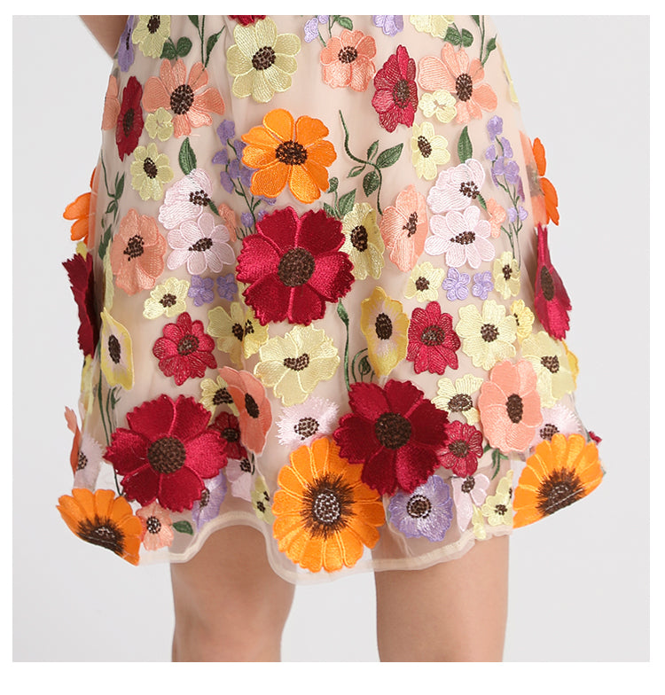 Meizhonggong boutique color handmade three-dimensional embroidered puff sleeve French pendulum dress