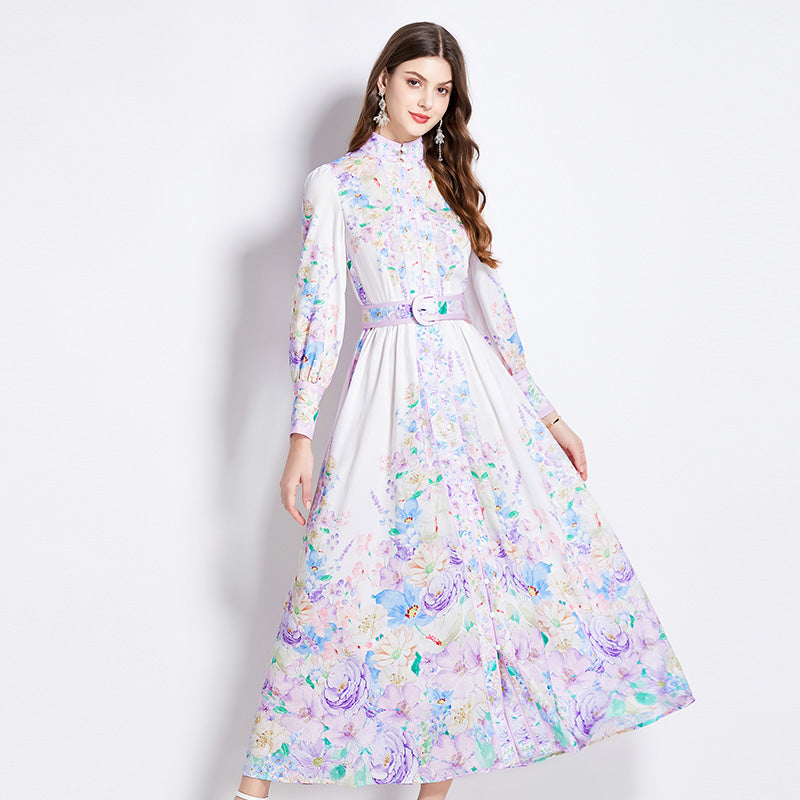 Original Design Spring/Summer Autumn Vacation New Flower Oil Painting Style Stand up Collar Long Dress