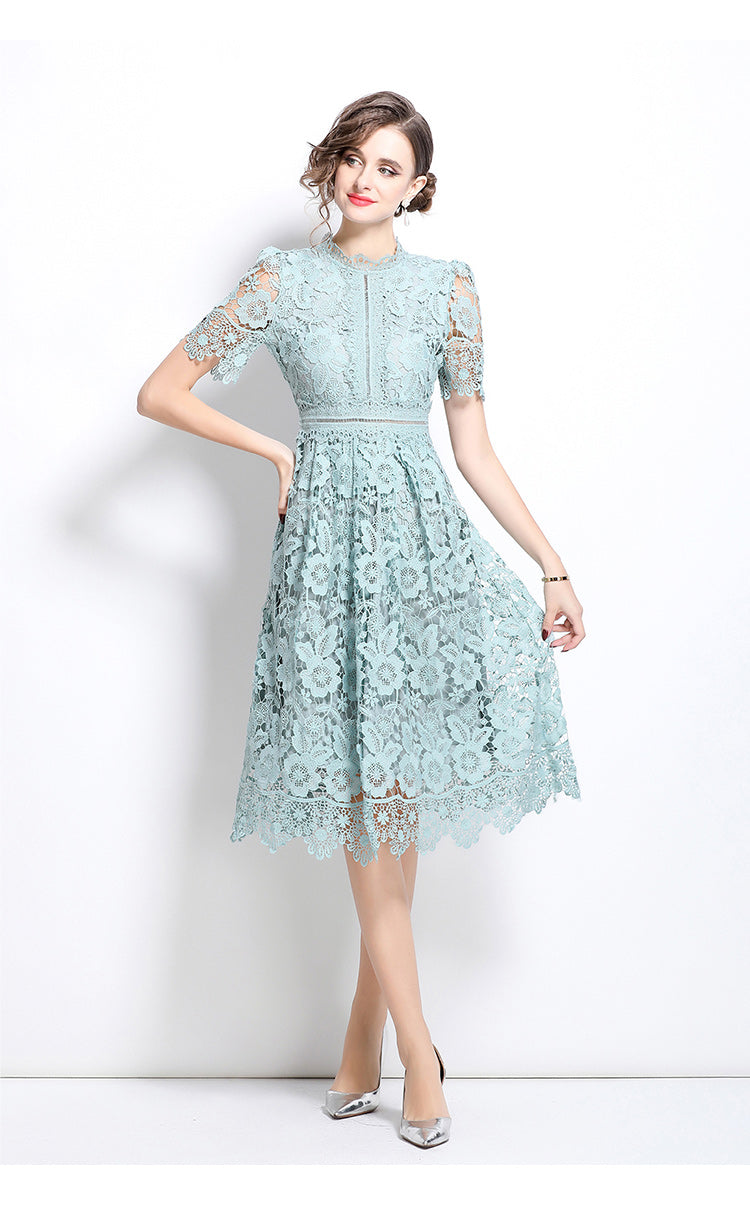 Original design short sleeved slimming hollow out water-soluble lace positioning mid length dress