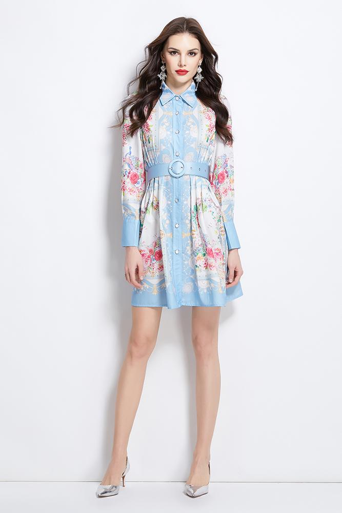 Original Design Spring/Summer/Autumn Vacation Retro Oil Painting Printed Collar Short Dress