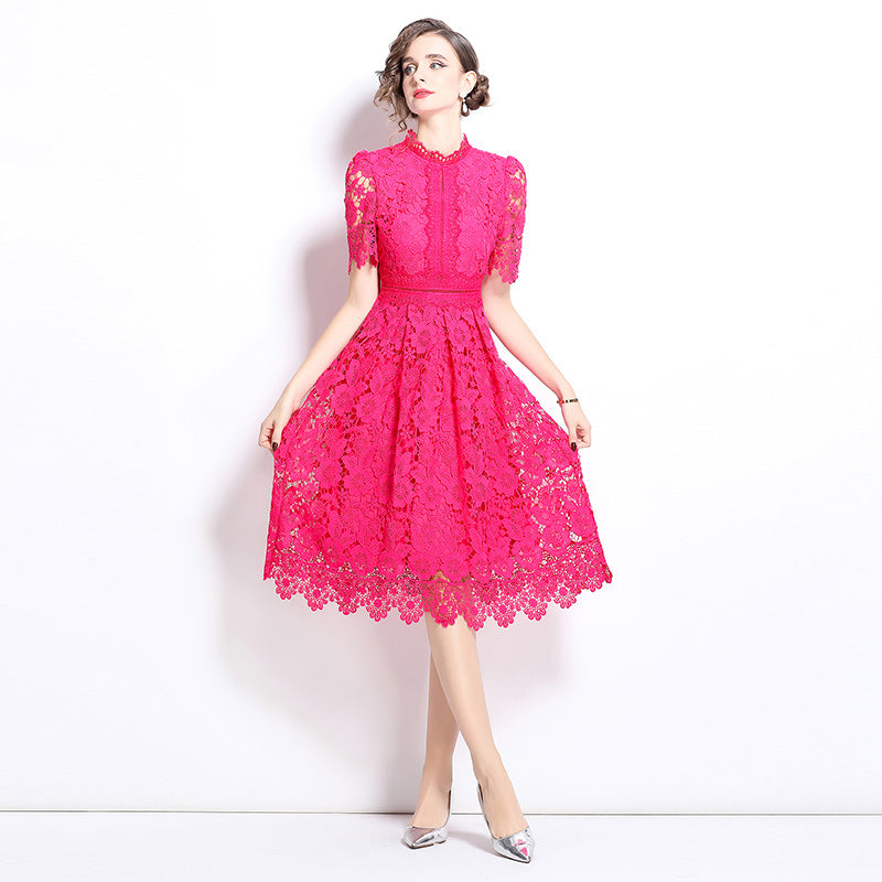 Original design short sleeved slimming hollow out water-soluble lace positioning mid length dress