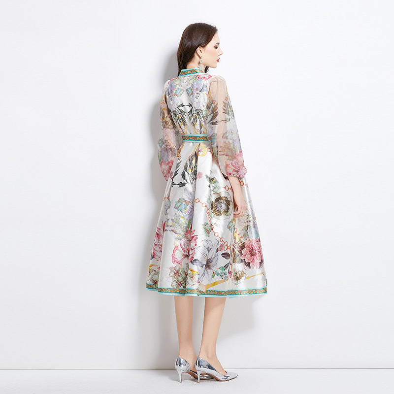 Original design for spring and summer V-neck ethnic style printed satin wrapped long length dress