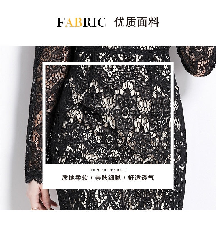 Original design for spring and summer water-soluble lace V-neck slim fit mid length dress for women