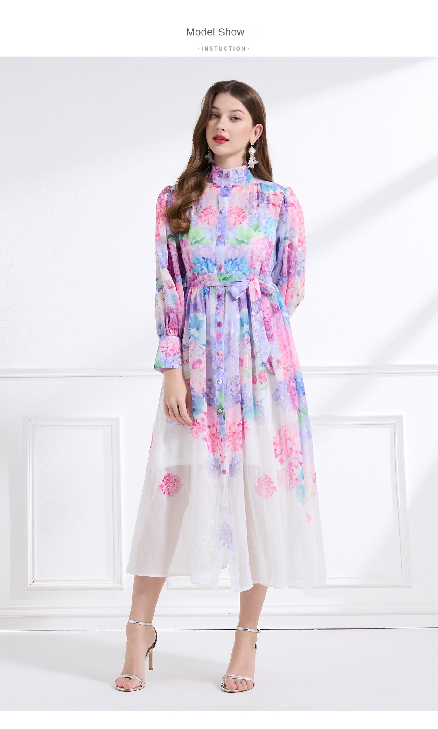 Original design - stand collar, watercolor, floral print, balloon sleeves, cinched waist, large skirt, ruffled skirt