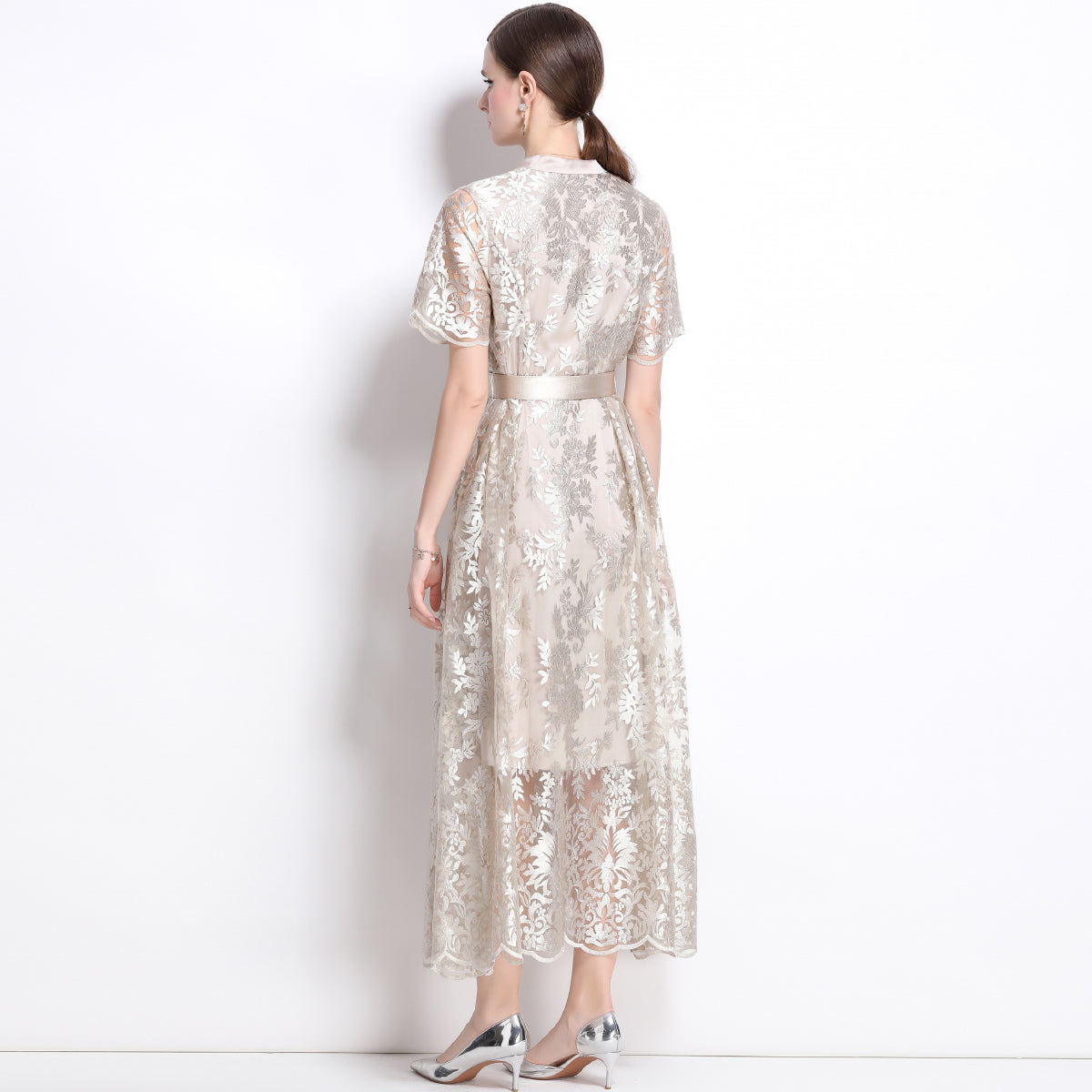 Original design mesh embroidered long dress with pockets, V-neck slim fit dress and belt