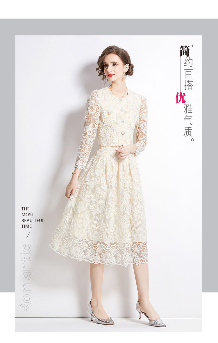Original design for spring and summer long sleeved small fragrance style set light luxury temperament water-soluble lace skirt two-piece set