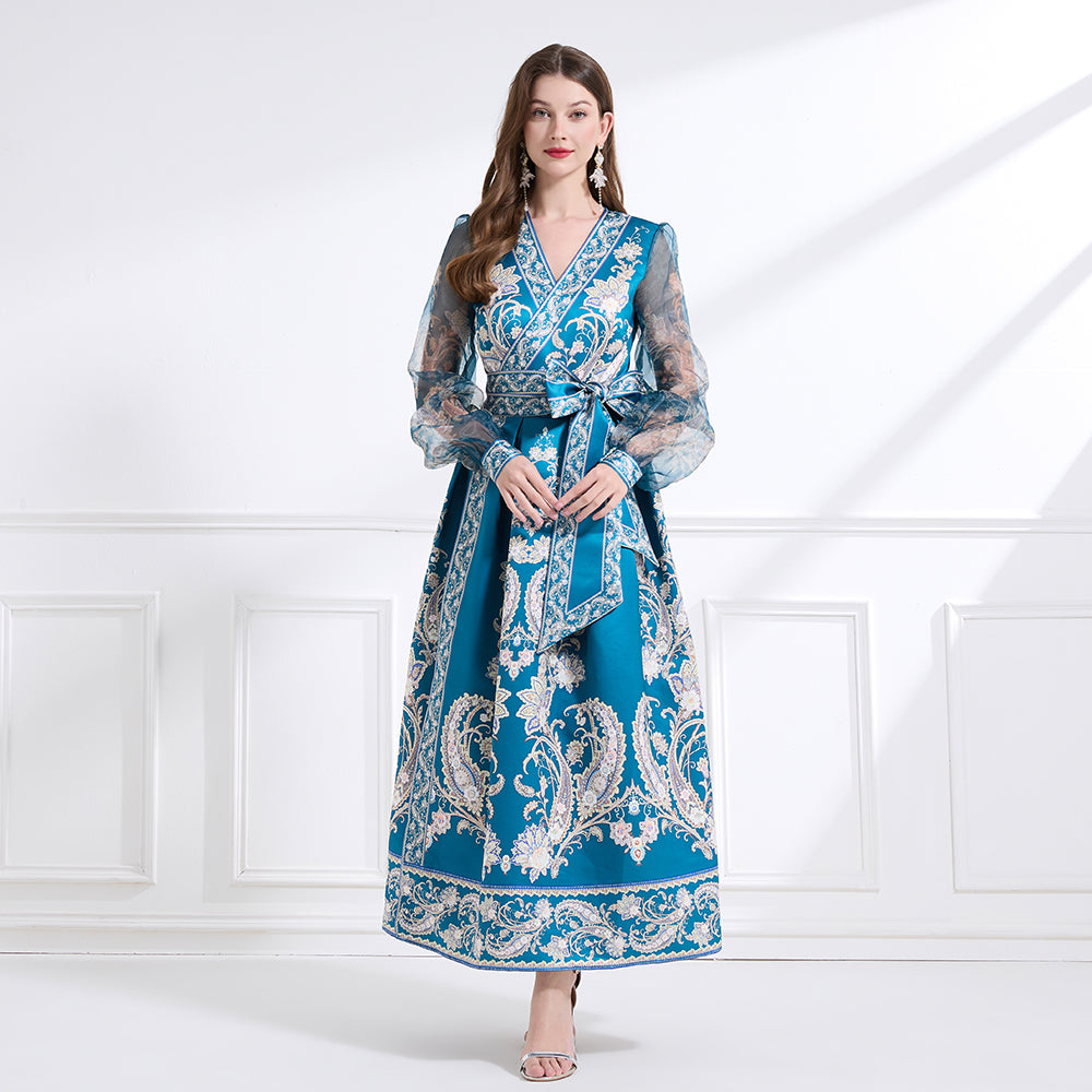 Original design - spring and summer resort style lace patchwork print waist maxi skirt ruffle dress