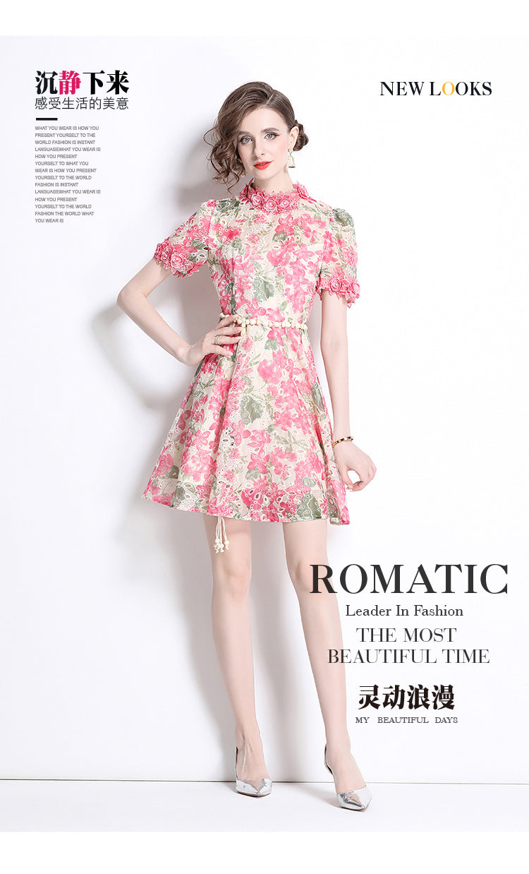 Original Design: Spring/Summer Embroidered Printed Dress for Women with a High end Style and a slimming A-line Skirt with a cinched waist