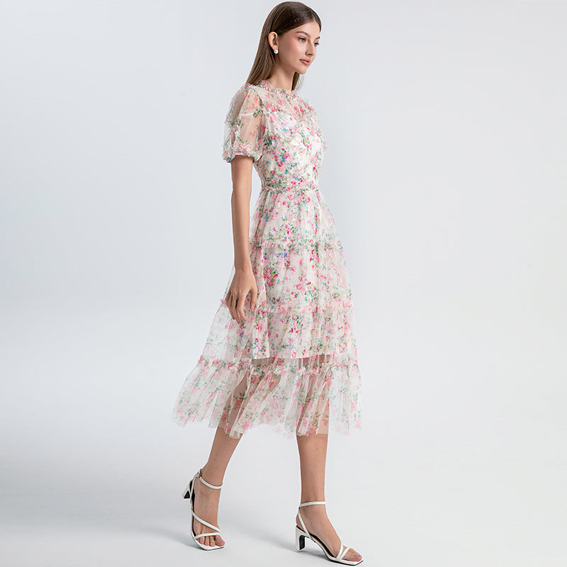 Original design heavy industry nail drill small floral French boutique mesh summer sweet dress