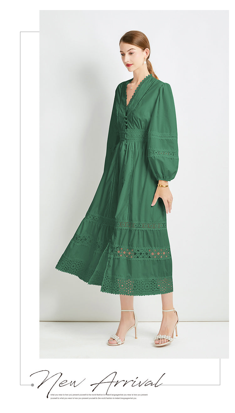 Original design fashionable temperament V-neck patchwork lace hollow out design sense long sleeved waist cinching dress