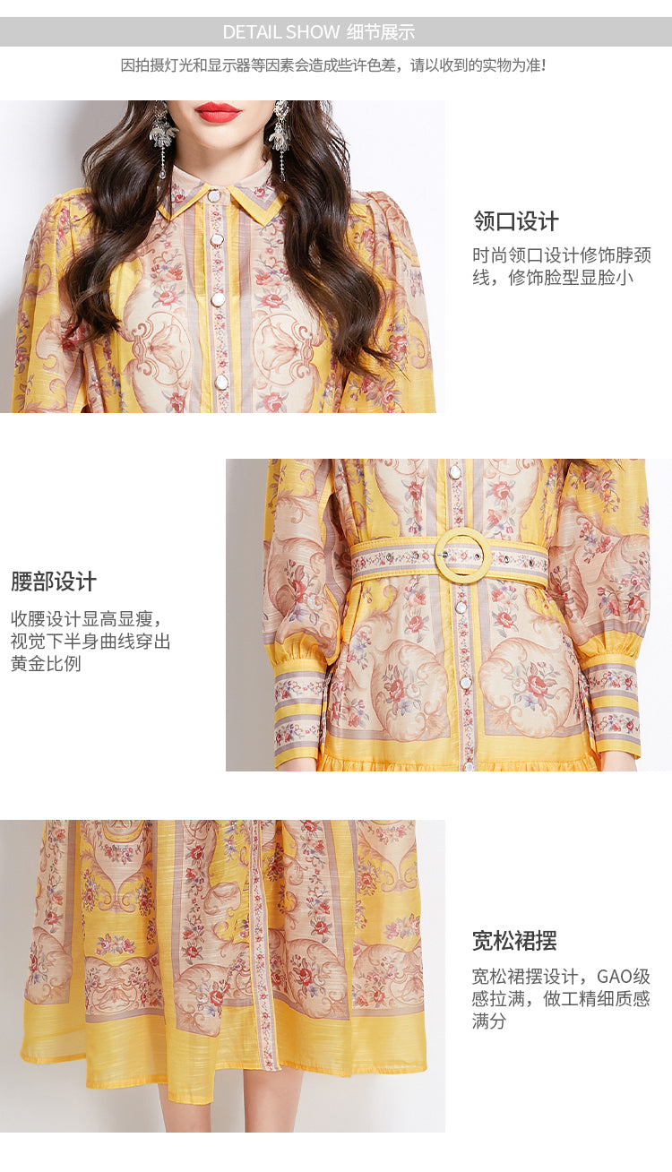 Original Design Spring/Summer Autumn Vacation Classical Palace Style Printed Bouquet Waist Single breasted Long Dress
