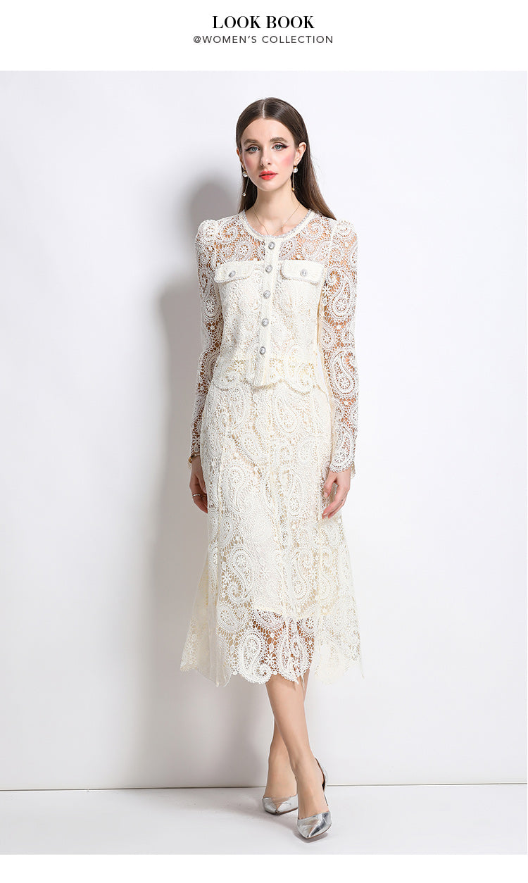 Real shot spot8583# New Style Chanel-Inspired Set Light Luxury High-End Water-Soluble Lace Skirt Two-Piece Set
