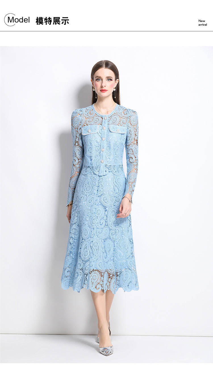 Original design for spring and summer small fragrance style set light luxury and high-end water-soluble lace skirt two-piece set