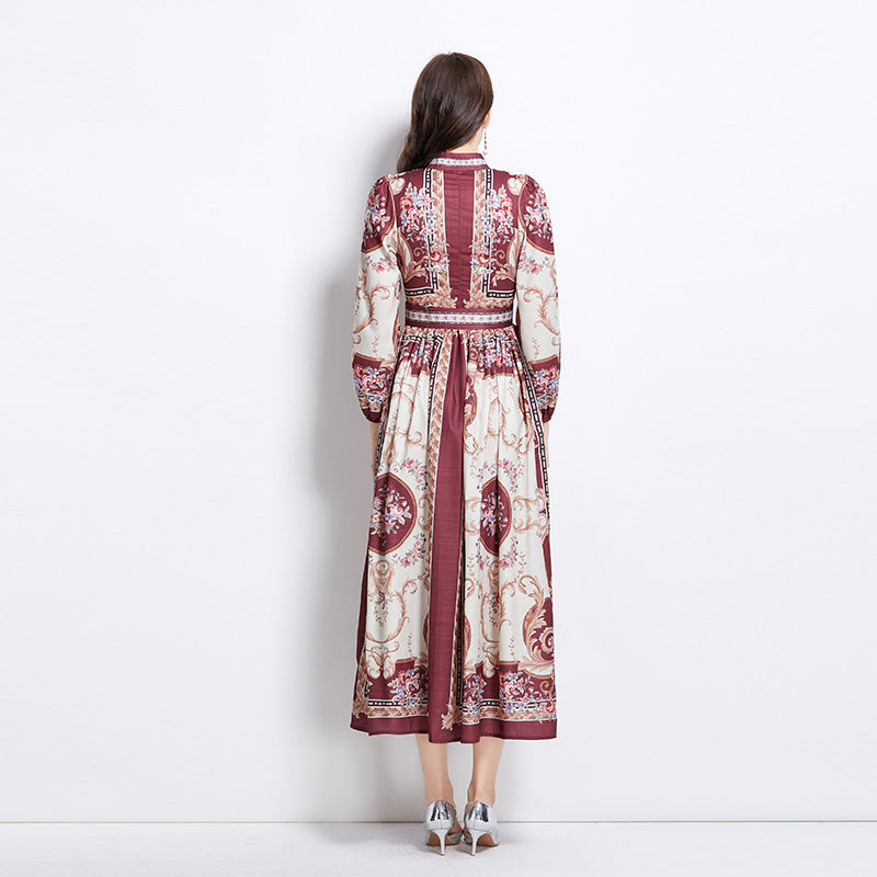 Original design: Spring/summer new court-style pattern stand-up collar long dress