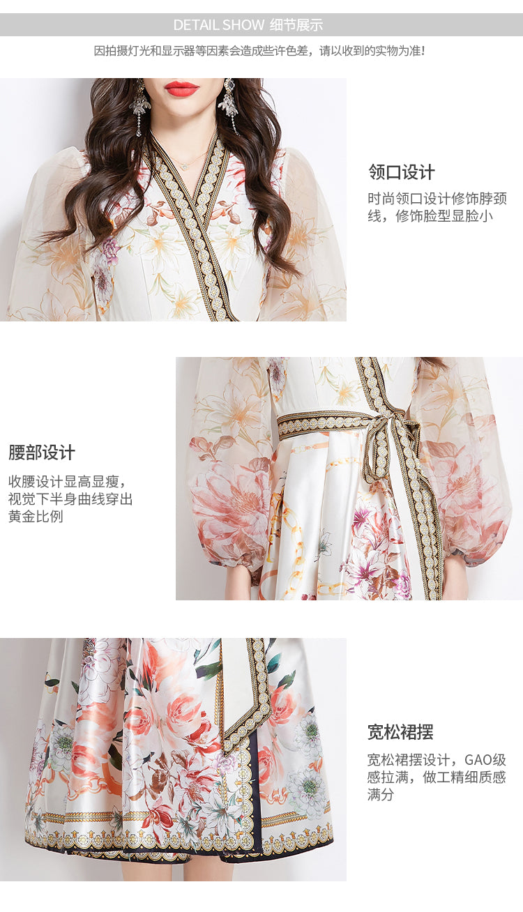 Original design for spring and summer V-neck ethnic style printed satin wrapped long length dress