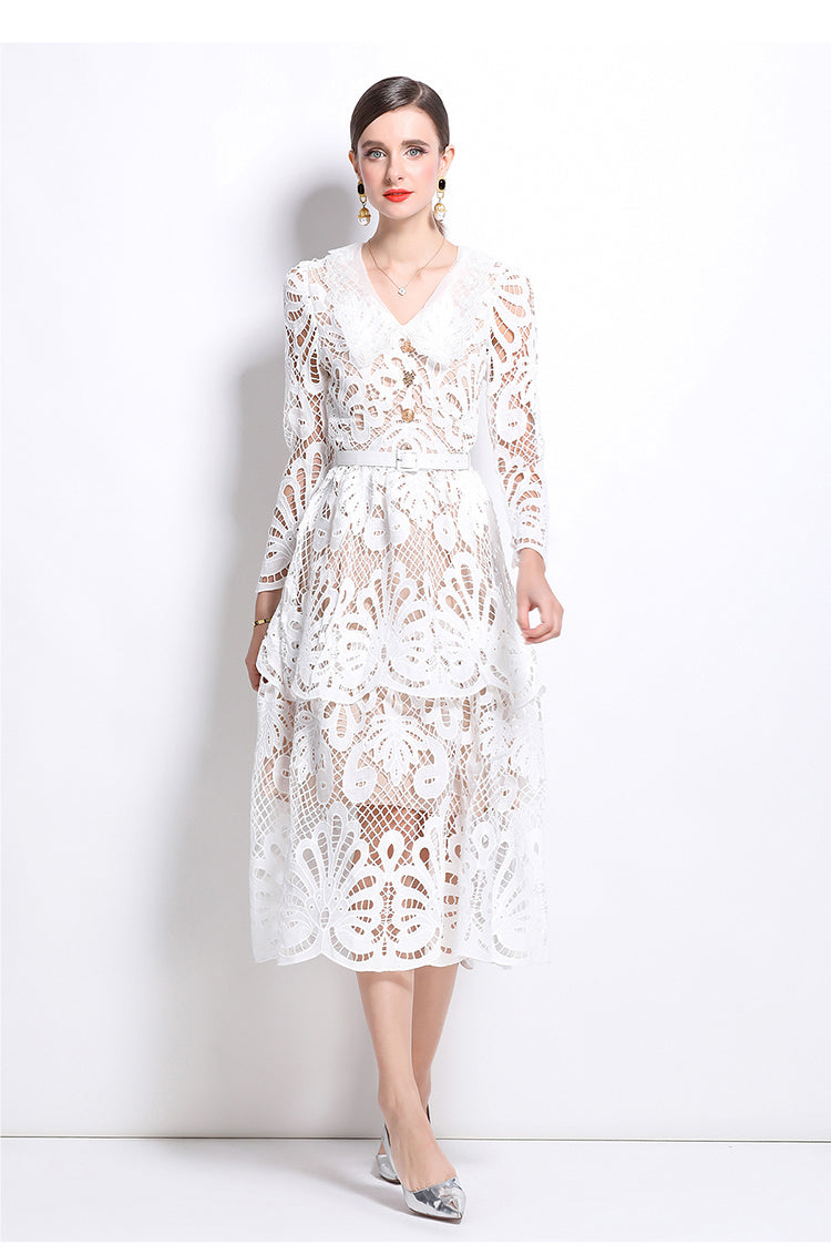 Original Design: Spring and Summer High End Water soluble Embroidered Medium length Skirt with V-neck and Waist cinching to Look Thin Dress