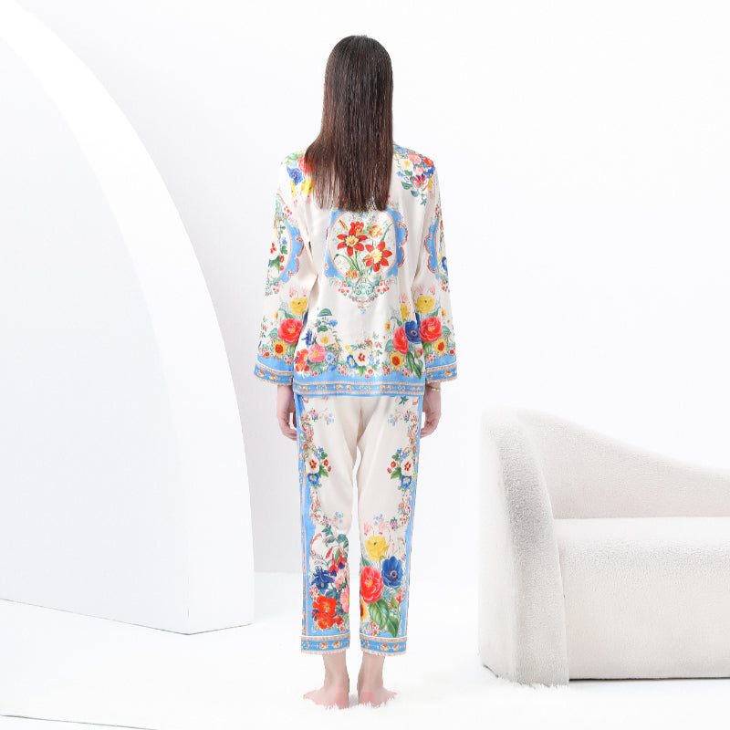 Original design spring/summer-autumn - casual trim pajama suit set with a suit collar long sleeves trousers print 2-piece set