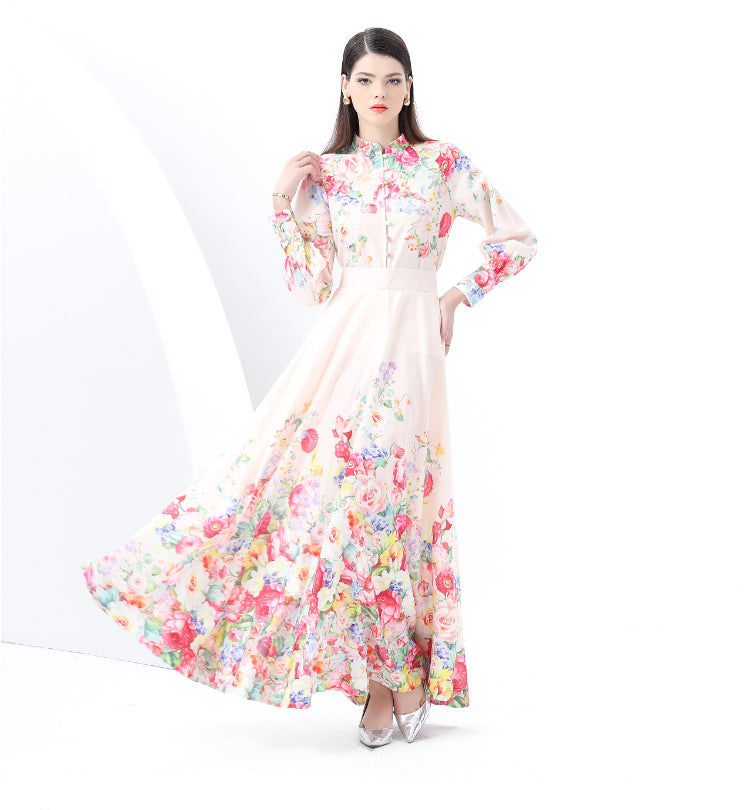 Original Design Spring/Summer Retro Style Stand up Collar High Waist Wave Edge Printed Dress Set, Two Piece